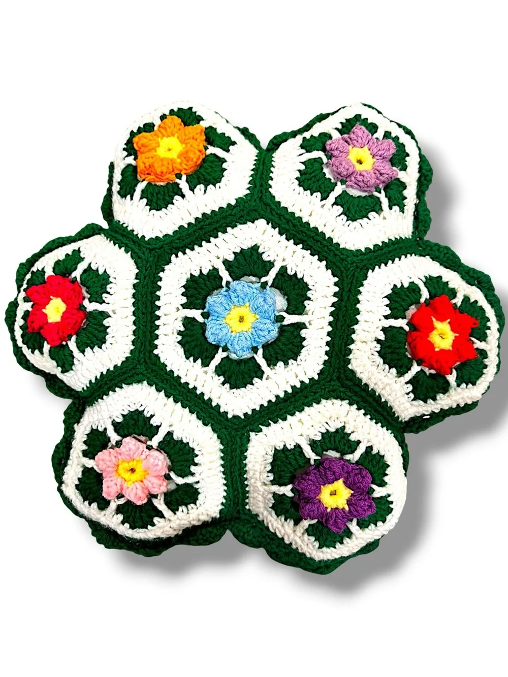 Vintage Handmade Crochet Flower Pillow | Retro Floral Throw Pillow | Boho